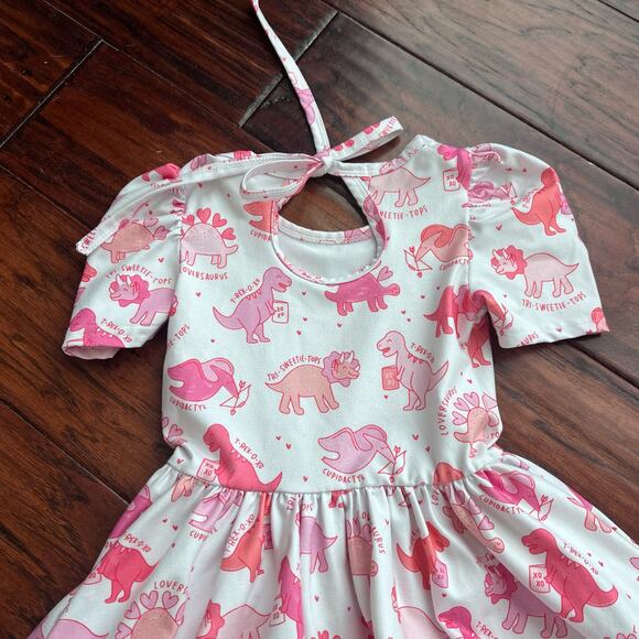 Girlhood by Little Stocking Co 3 Valentines Dinosaur Dress Twirly Cutesy - Picture 4 of 6